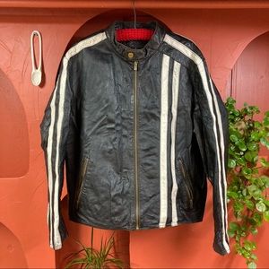 Wilsons Leather Cafe Racer Motorcycle Jacket with Distressed Stripes Mens Large